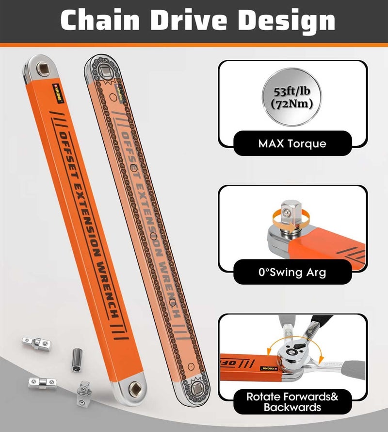 XKONE Offset Extension Wrench Set,3/8" Drive Wrench with 1/4",3/8",1/2" Square Drive Adapters and 1/4" Socket for Tight Spaces. - Image 4